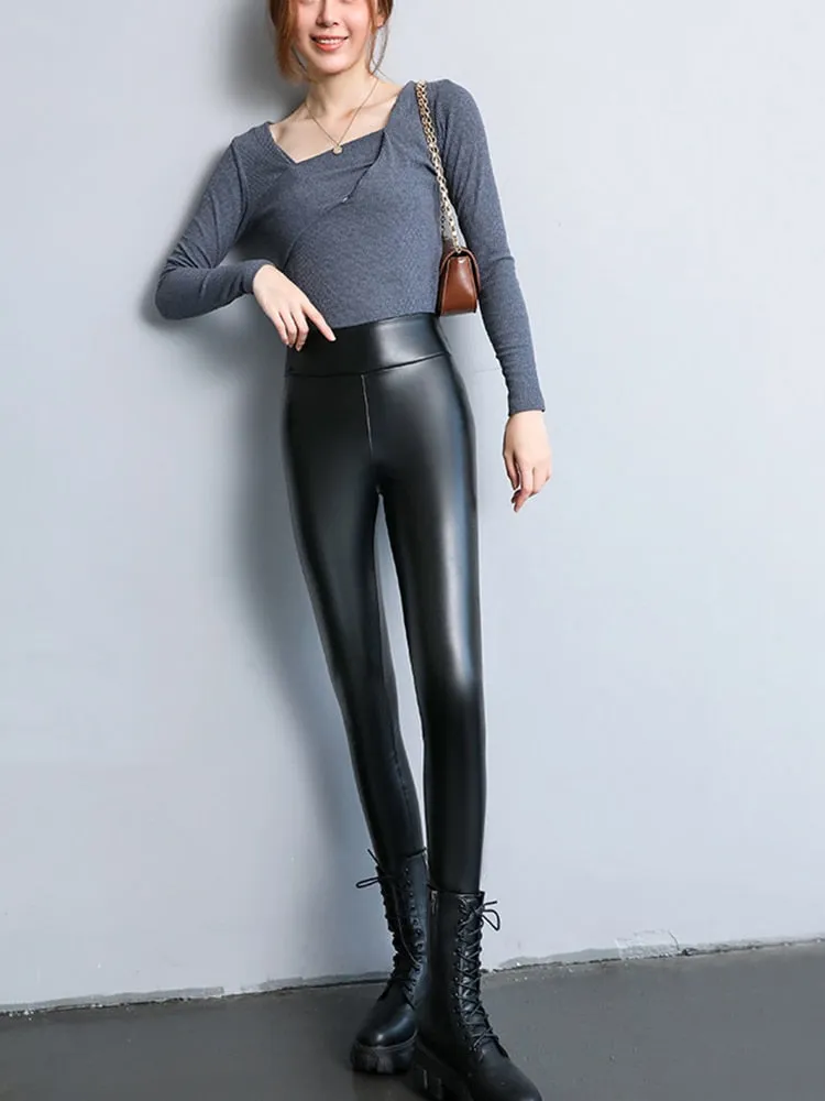 2023 Spring Summer Women's Leggings Korean Fashion High Waist Faux Leather Pants