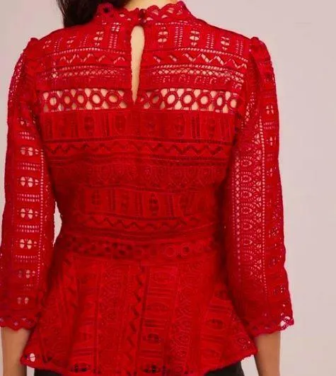 Anthropologie Moulette Soeurs Lace Peplum Top Blouse Size 4 Red