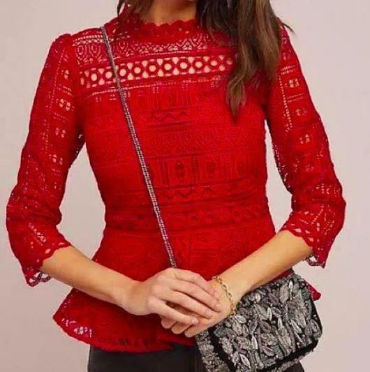 Anthropologie Moulette Soeurs Lace Peplum Top Blouse Size 4 Red