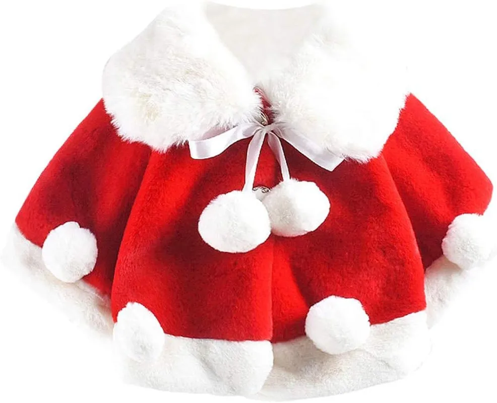 Baby Girls Winter Fur Cape Coat Thick Jacket Cute Pom Pom Warm Outerwears