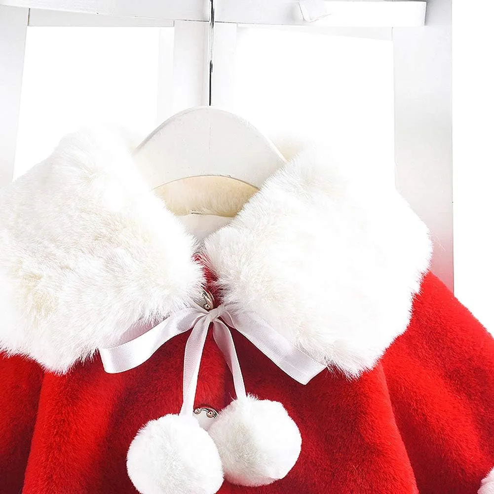 Baby Girls Winter Fur Cape Coat Thick Jacket Cute Pom Pom Warm Outerwears
