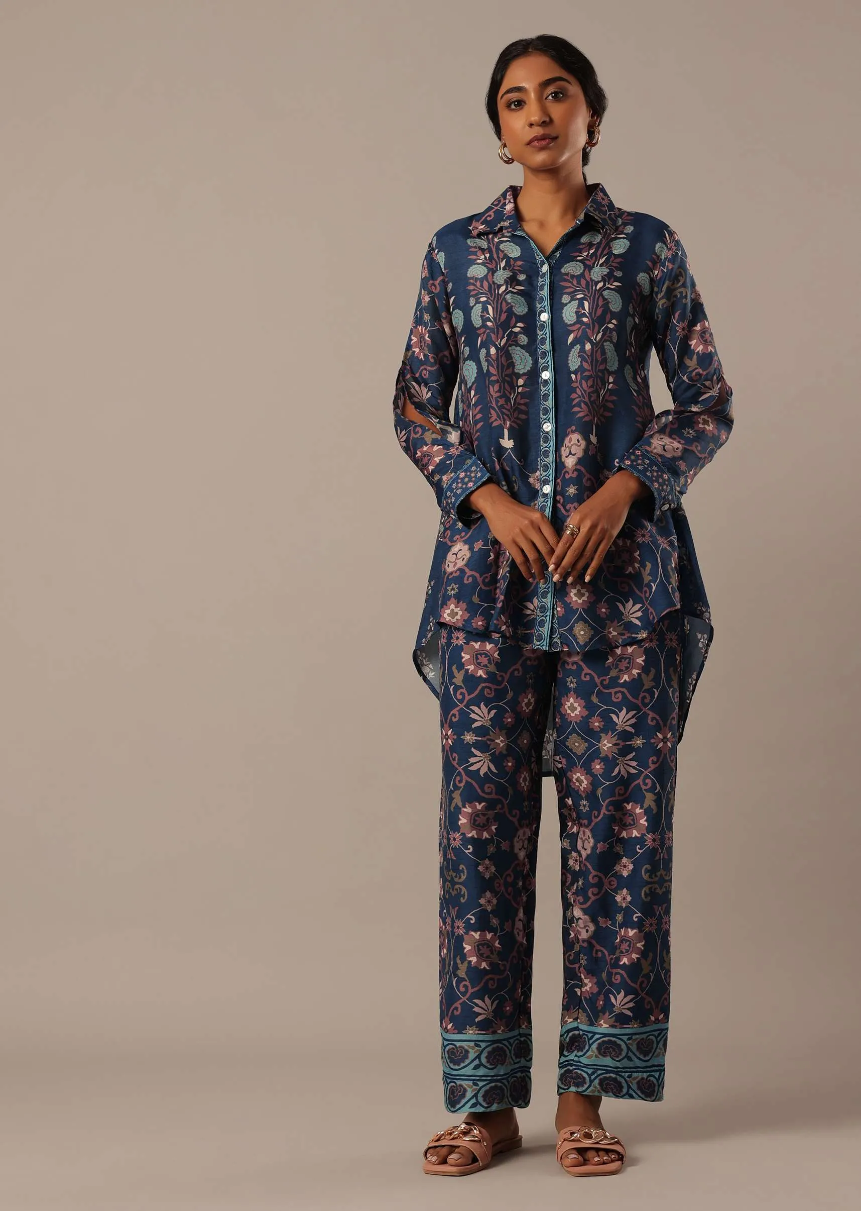 Blue Shirt Kurta And Pant Set With Printed Motifs