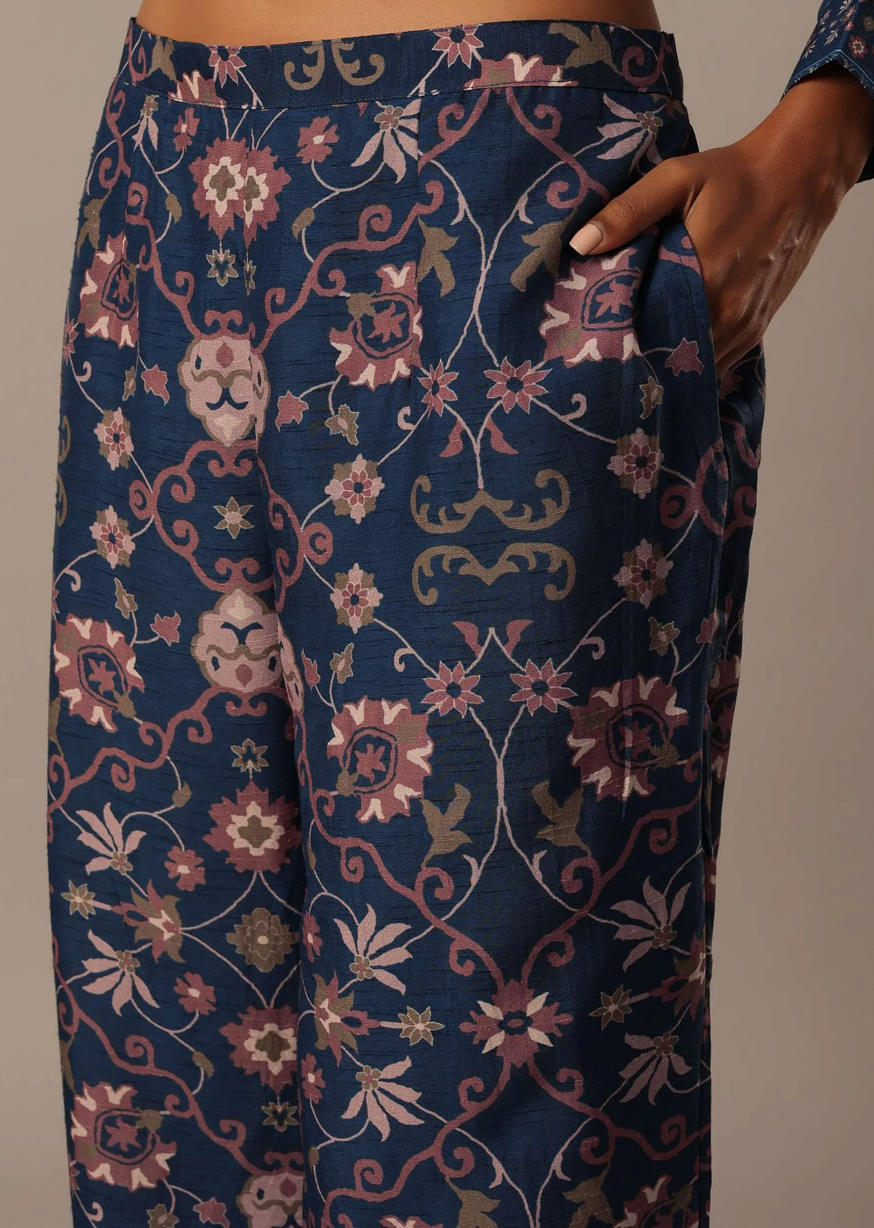 Blue Shirt Kurta And Pant Set With Printed Motifs