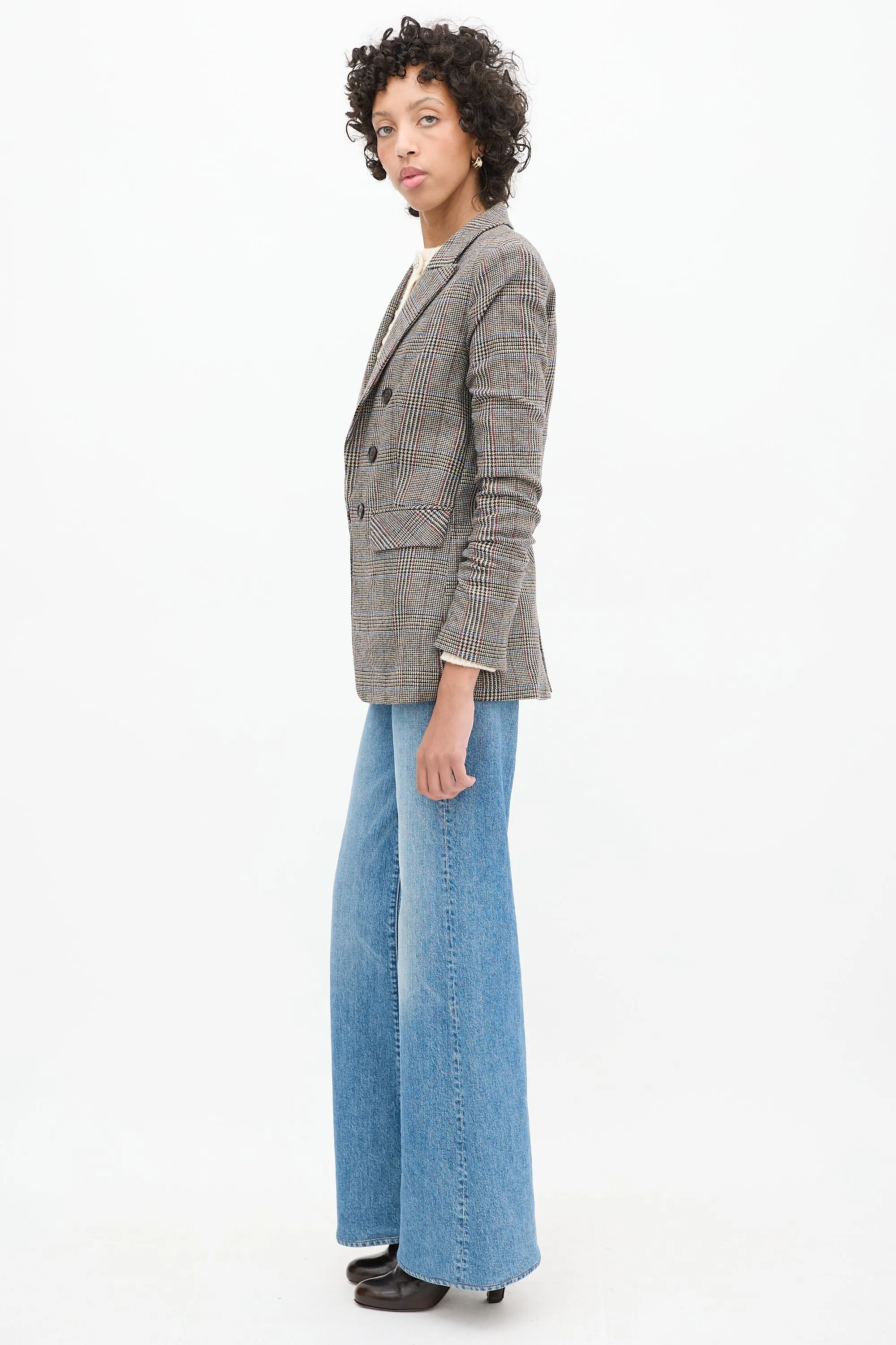 Brown & Multi Wool Check Ruched Sleeve Blazer