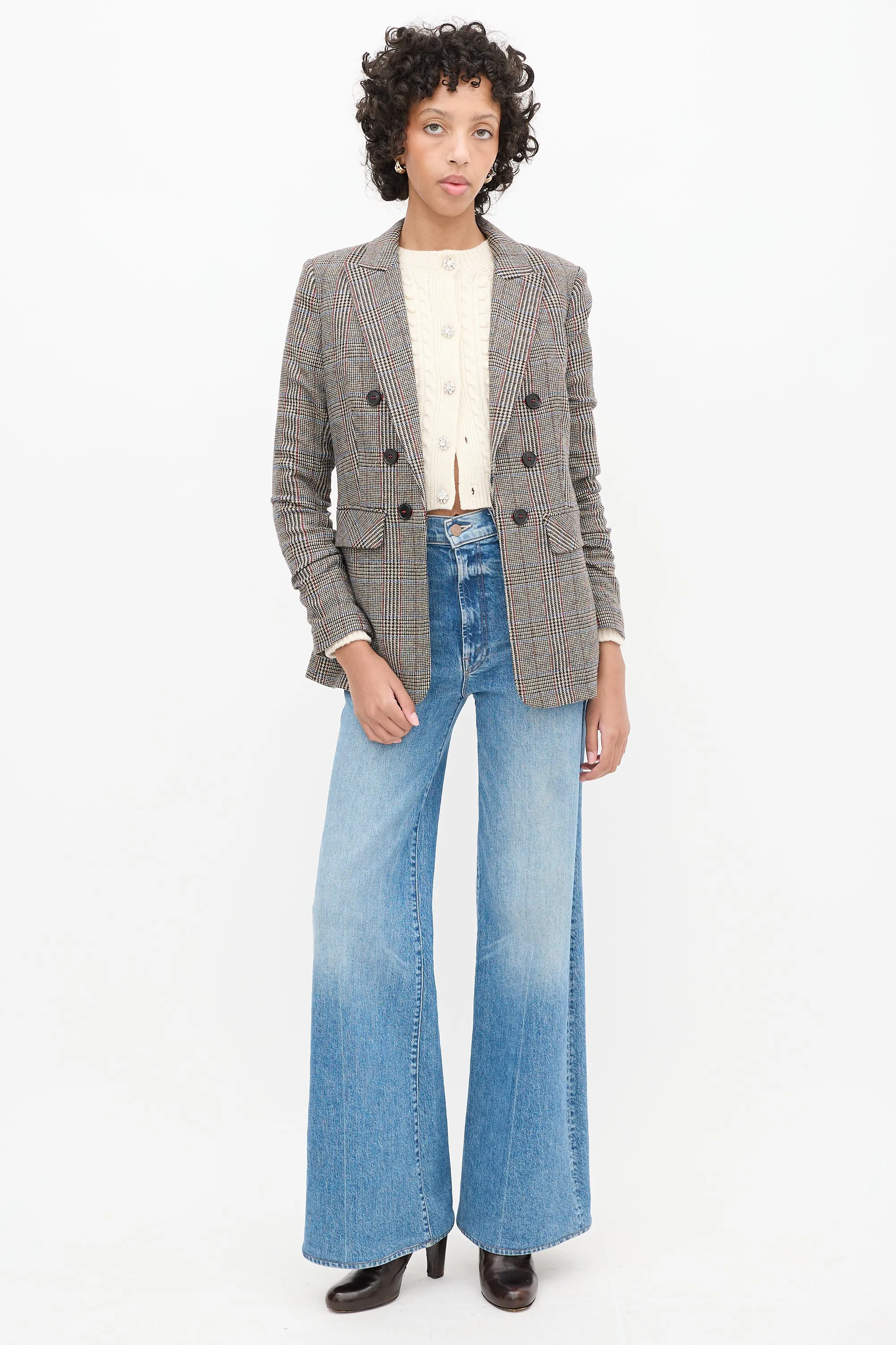 Brown & Multi Wool Check Ruched Sleeve Blazer