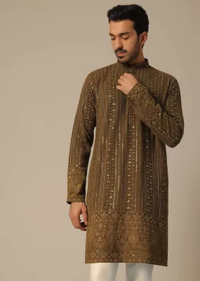 Brown Sequin Embroidered Kurta Set In Georgette