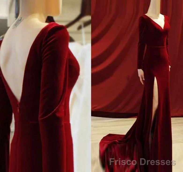 Burgundy Muslim Evening Dresses Mermaid V-Neck Long Sleeves Velvet Slit Islamic Dubai Saudi Arabic Long Formal Evening Gown