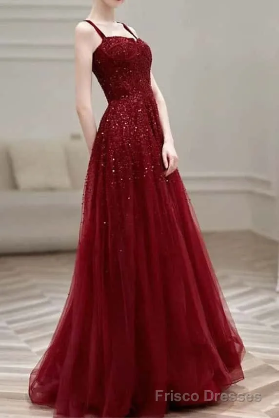 Burgundy Prom Dresses A line Straps Tulle Evening Dresses