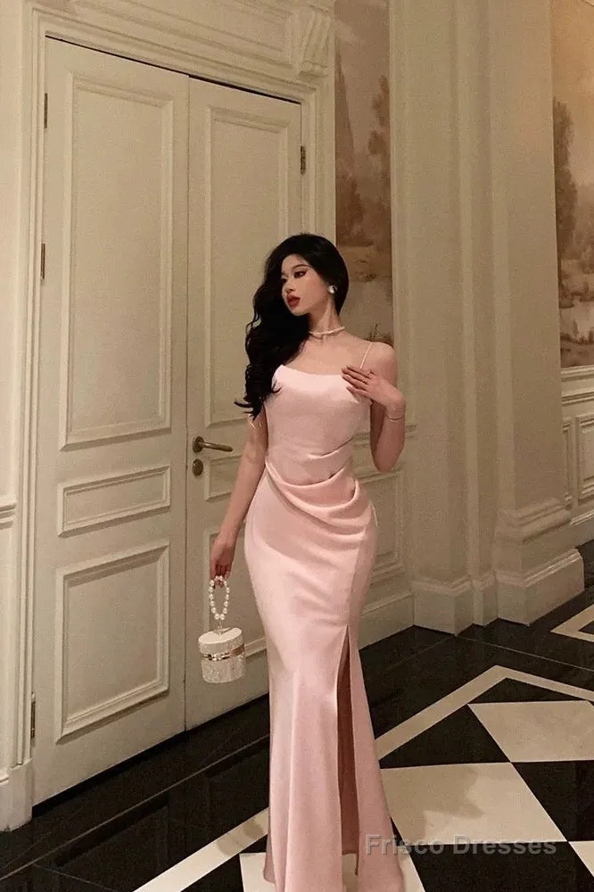 Classy Sheath Spaghetti Straps Pink Satin Prom Dresses Birthday Outfits Evening Gown