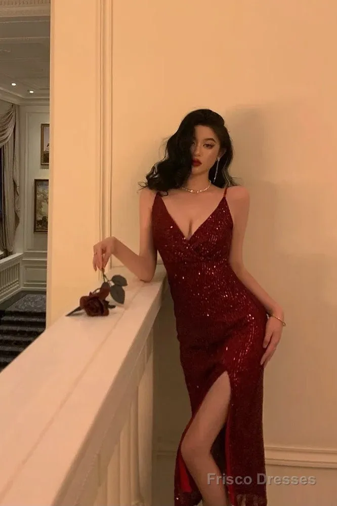Classy Sheath Spaghetti Straps Red Sequin Prom Dresses Birthday Outfits Evening Gown