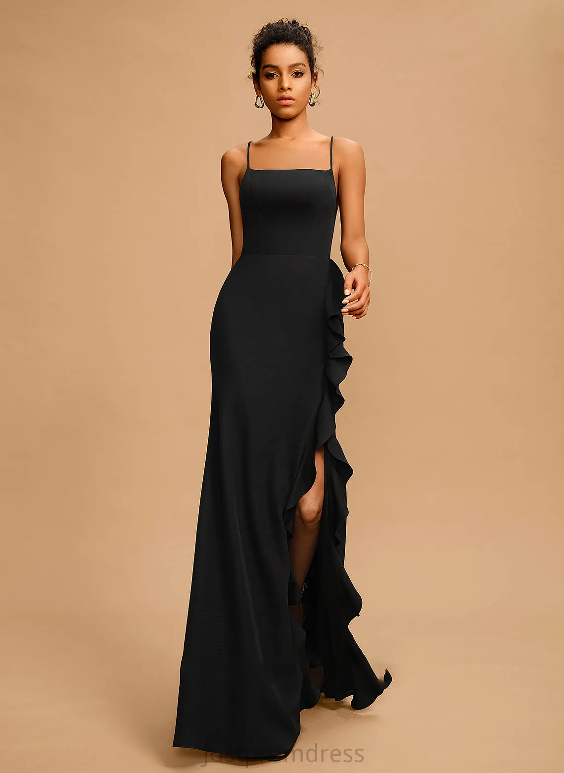 Crepe Neckline Square With Stretch Lesly Floor-Length Sheath/Column Ruffle Prom Dresses