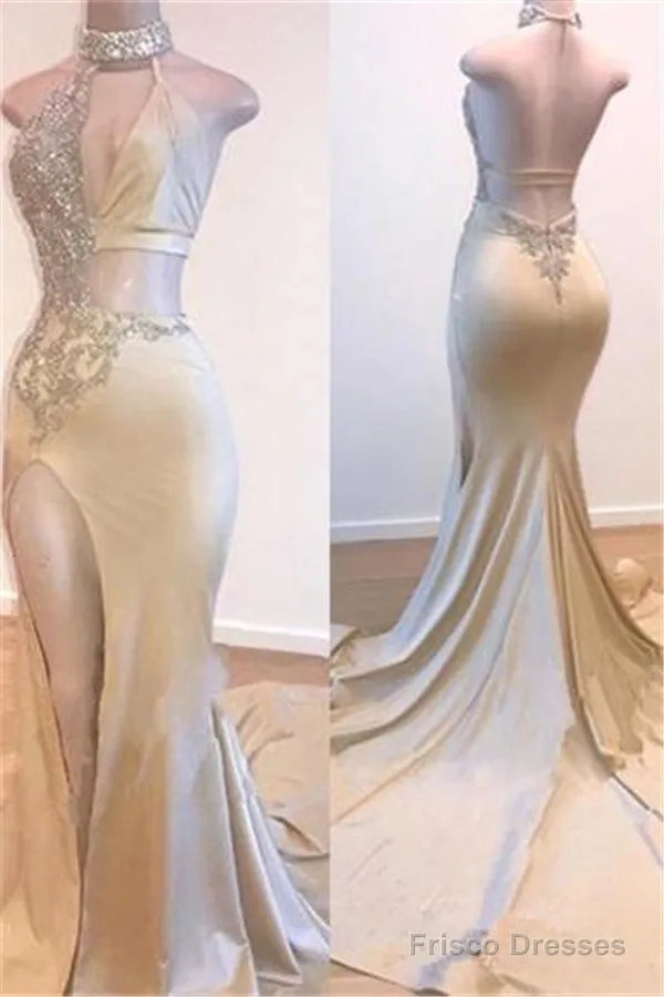 Crystal Halter Side Slit Prom Dresses A-Line Backless Sleeveless Evening Dresses