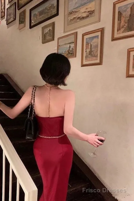 Elegant Sheath Straps Red Prom Dresses Long Formal Dress