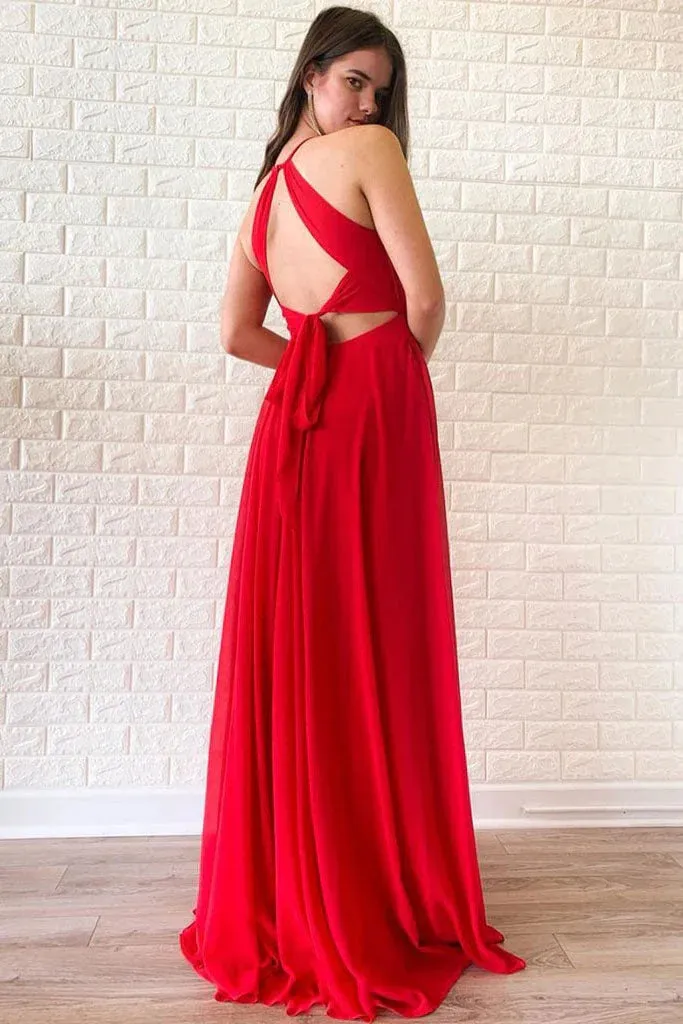 Evening Dresses Open Back A Line Red Chiffon Sleeveless Prom Dresses