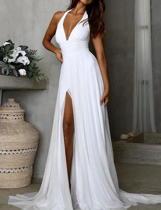Evening Dresses V-neck Chiffon Backless Prom Dresses Slit