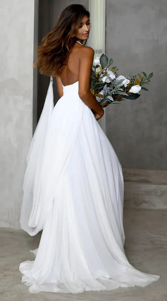 Evening Dresses V-neck Chiffon Backless Prom Dresses Slit