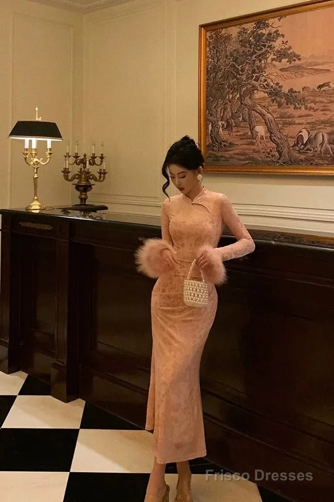 Gorgeous Sheath High Neckline Long Sleeves Pink Date Night Dress Long Prom Dresses Birthday Outfits