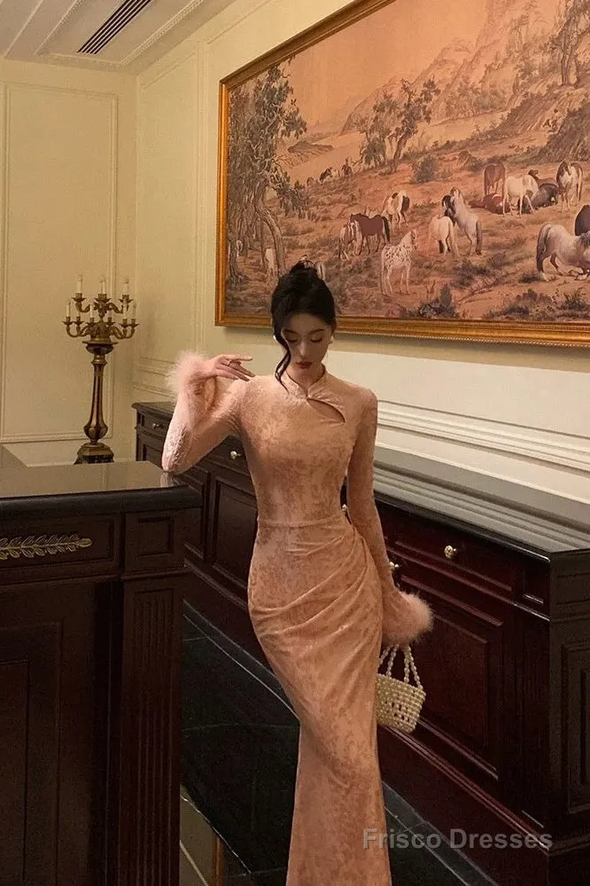 Gorgeous Sheath High Neckline Long Sleeves Pink Date Night Dress Long Prom Dresses Birthday Outfits
