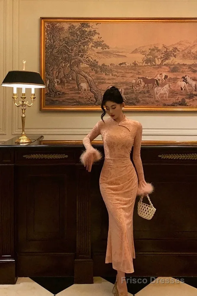 Gorgeous Sheath High Neckline Long Sleeves Pink Date Night Dress Long Prom Dresses Birthday Outfits