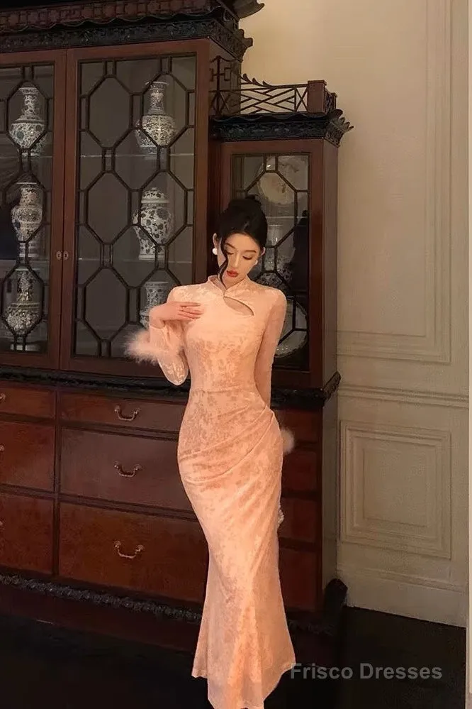 Gorgeous Sheath High Neckline Long Sleeves Pink Date Night Dress Long Prom Dresses Birthday Outfits