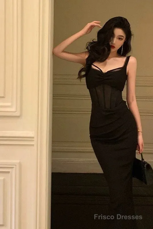 Gorgeous Sheath Straps Date Night Dress Black Prom Dresses Party Dress Birthday Outfits