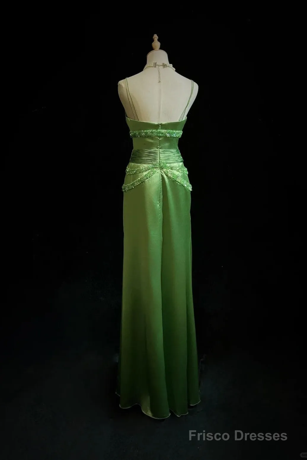 Green Spaghetti Strap Sheath Satin Beaded Prom Dress Evening Gown