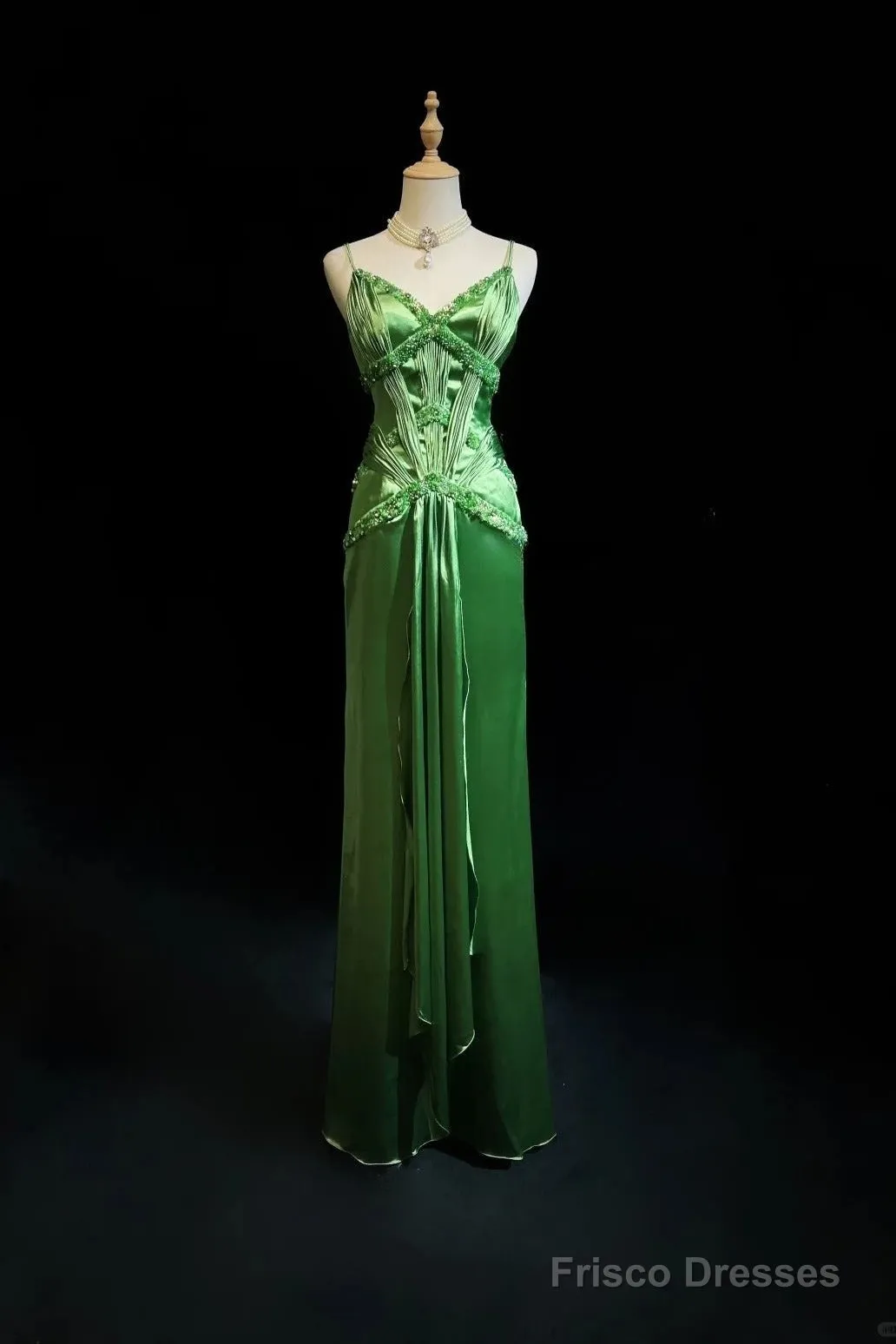 Green Spaghetti Strap Sheath Satin Beaded Prom Dress Evening Gown