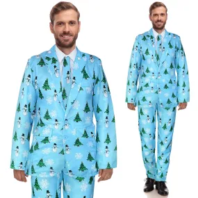 Mens Light Blue Christmas Suit and Tie Set - Snowmen and Christmas Trees