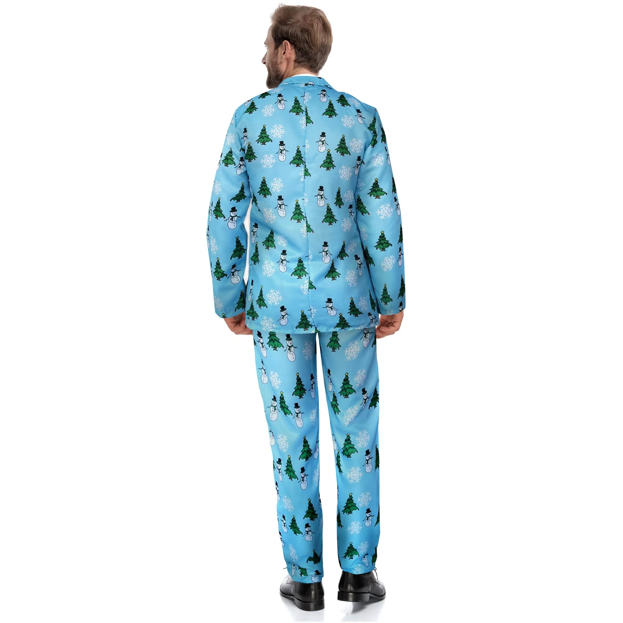 Mens Light Blue Christmas Suit and Tie Set - Snowmen and Christmas Trees