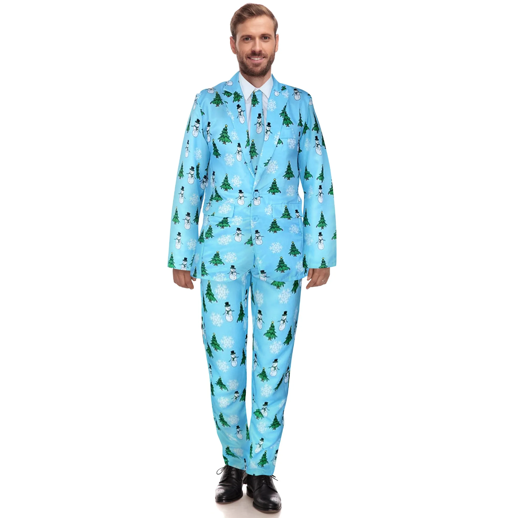 Mens Light Blue Christmas Suit and Tie Set - Snowmen and Christmas Trees