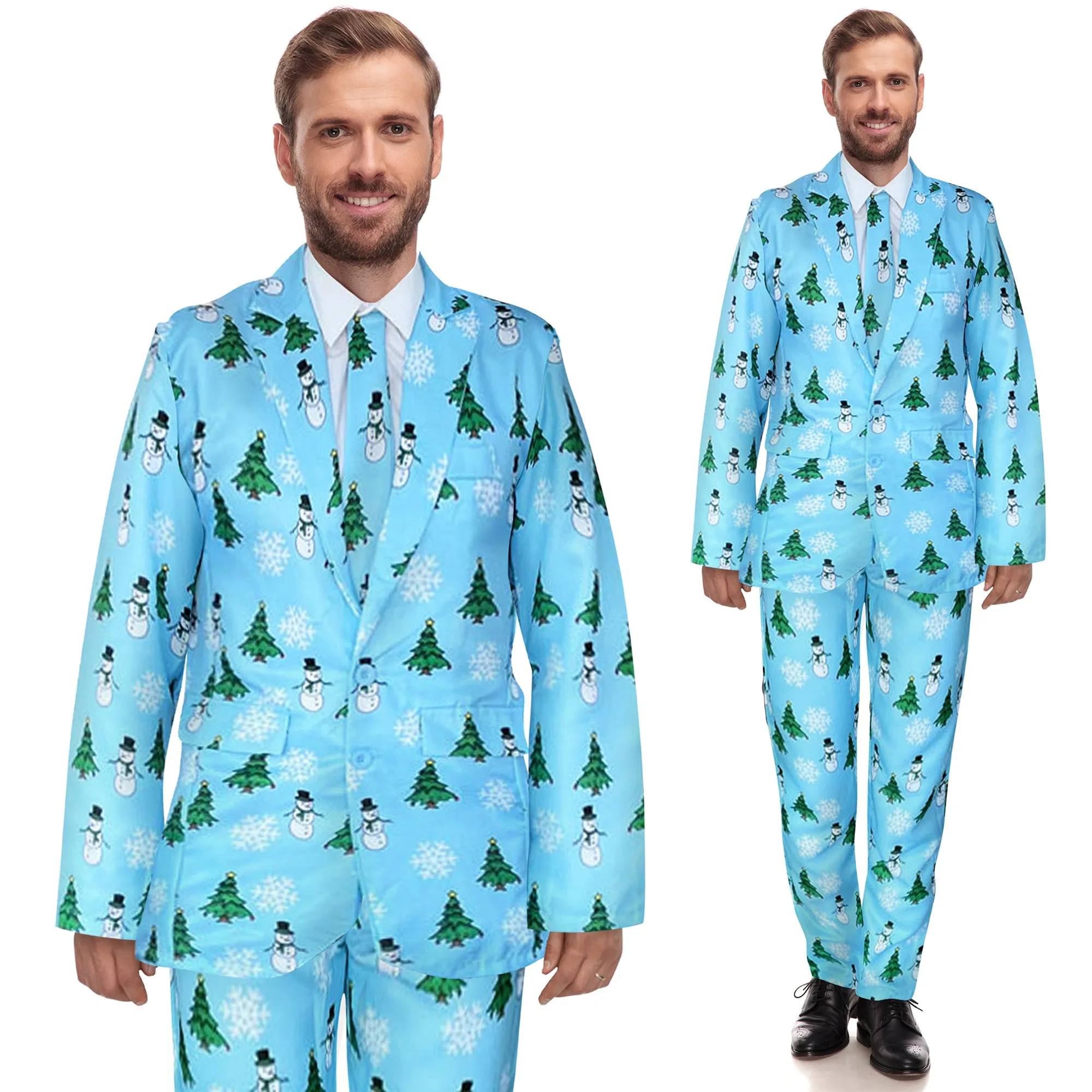 Mens Light Blue Christmas Suit and Tie Set - Snowmen and Christmas Trees
