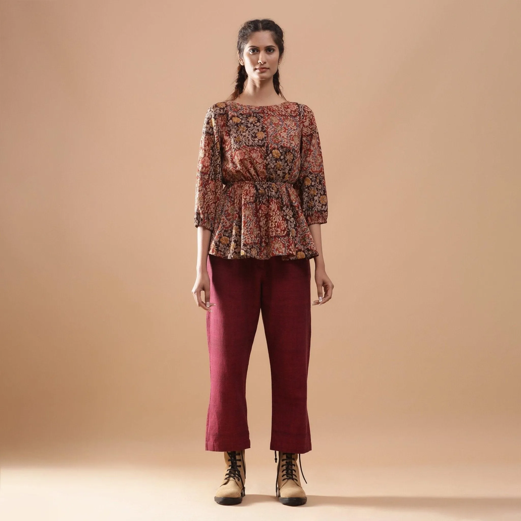 Muddy Red Kalamkari Block Print Cotton Peplum Top