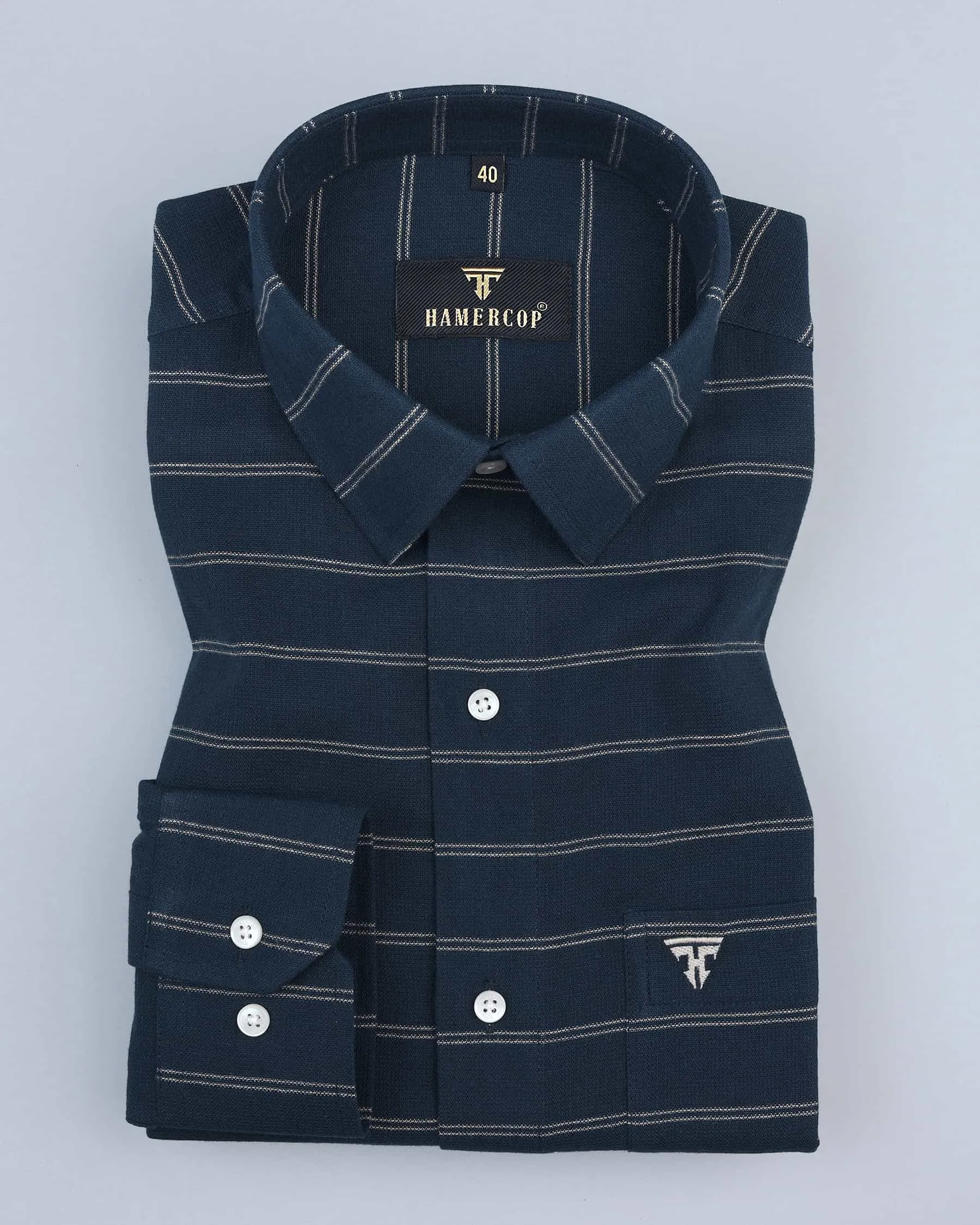 Rhino Blue With White Weft  Stripe Cotton Shirt