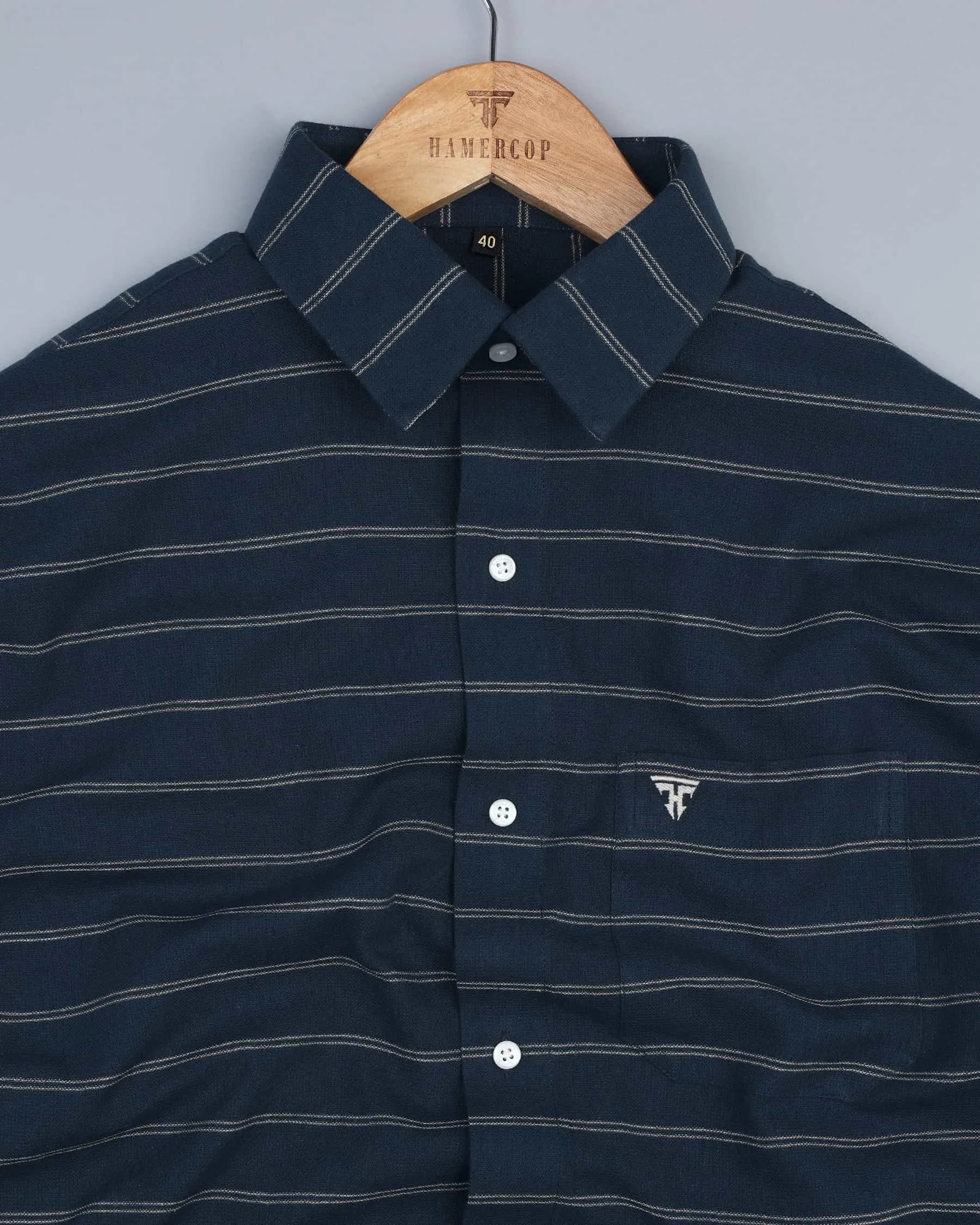 Rhino Blue With White Weft  Stripe Cotton Shirt