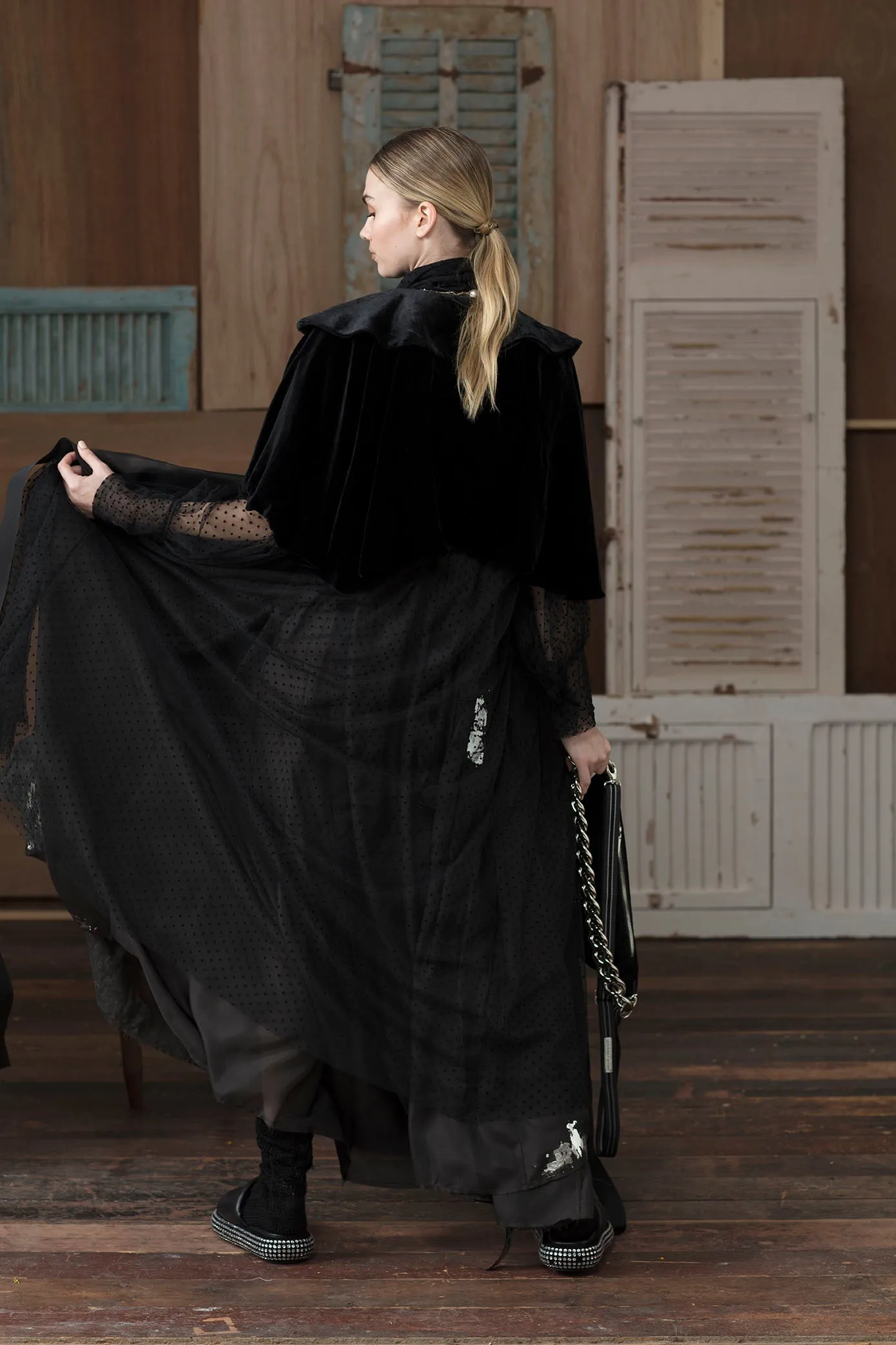 Silk velvet cocoon capelet - Old gold