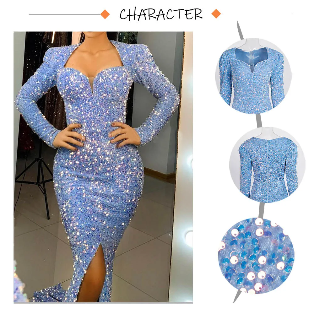Sky Blue Long Sleeve Mermaid Wedding Gown Shiny Sequin Stretchy Velvet Slit Leg Evening Maxi Prom Dresses Winter
