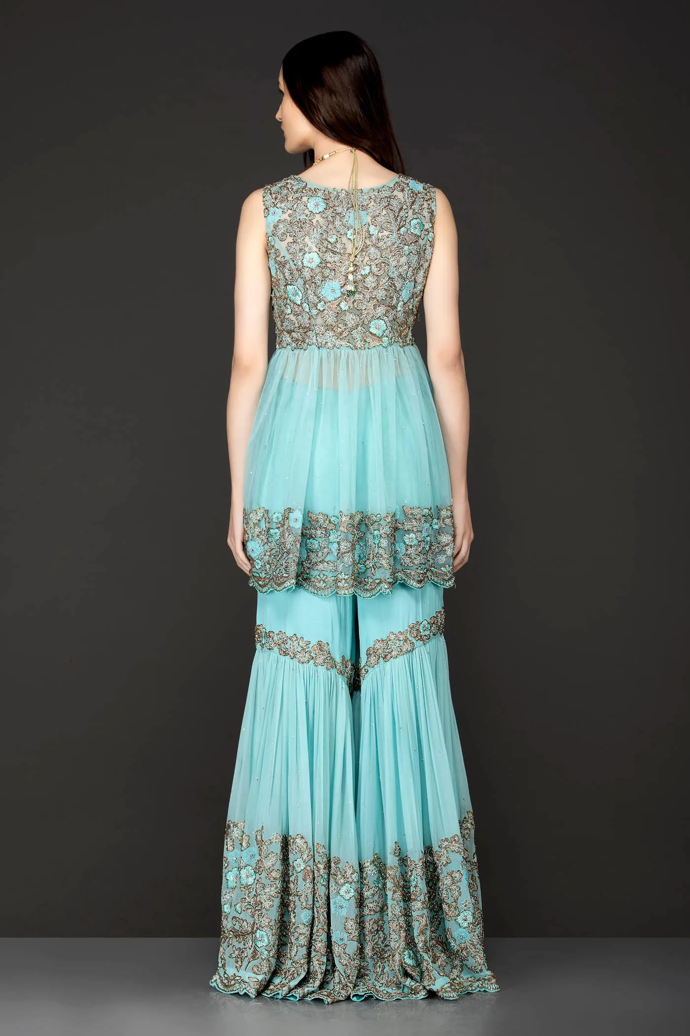 Sky Blue Peplum Net Top With Georgette Sharara And Net Dupatta