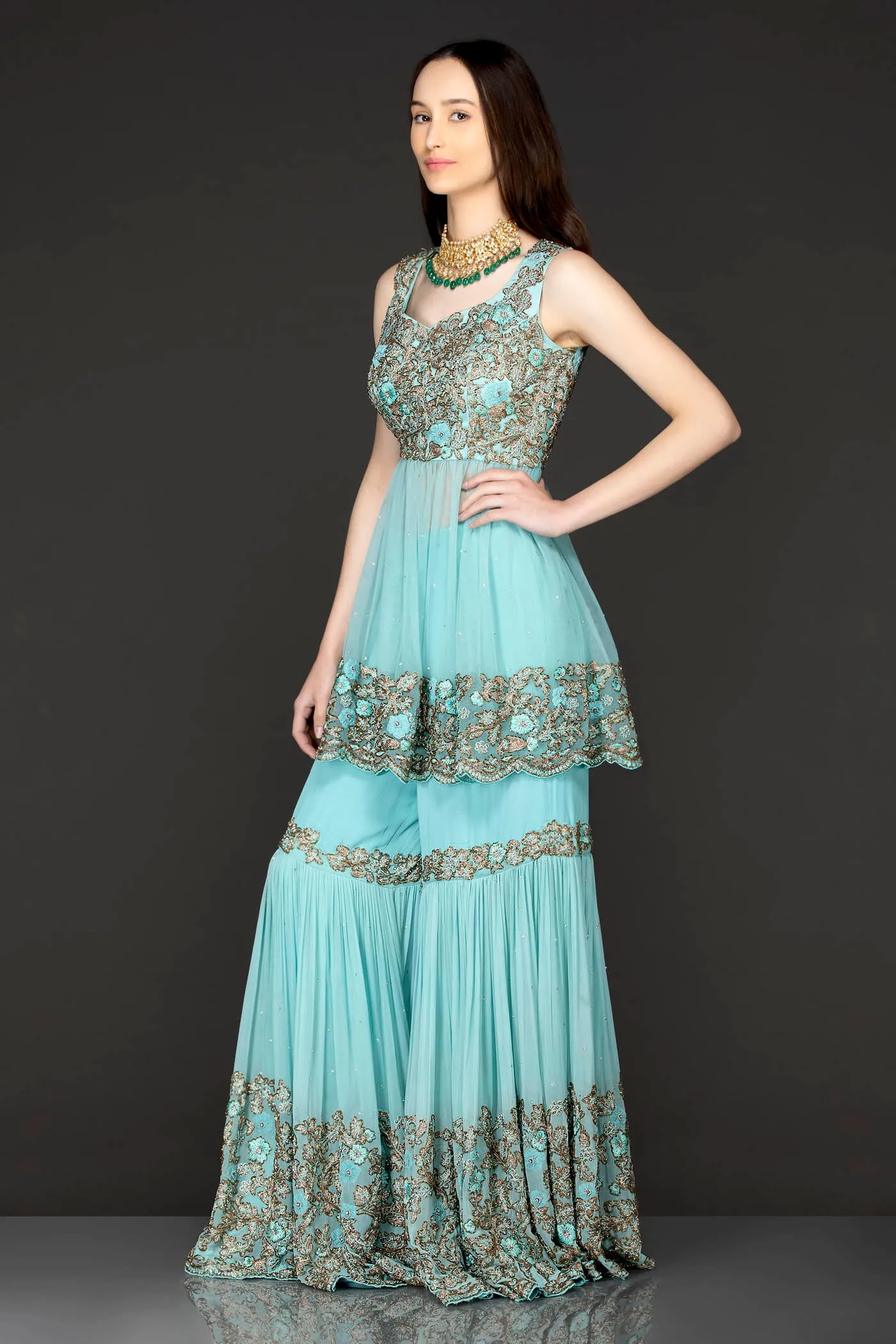 Sky Blue Peplum Net Top With Georgette Sharara And Net Dupatta
