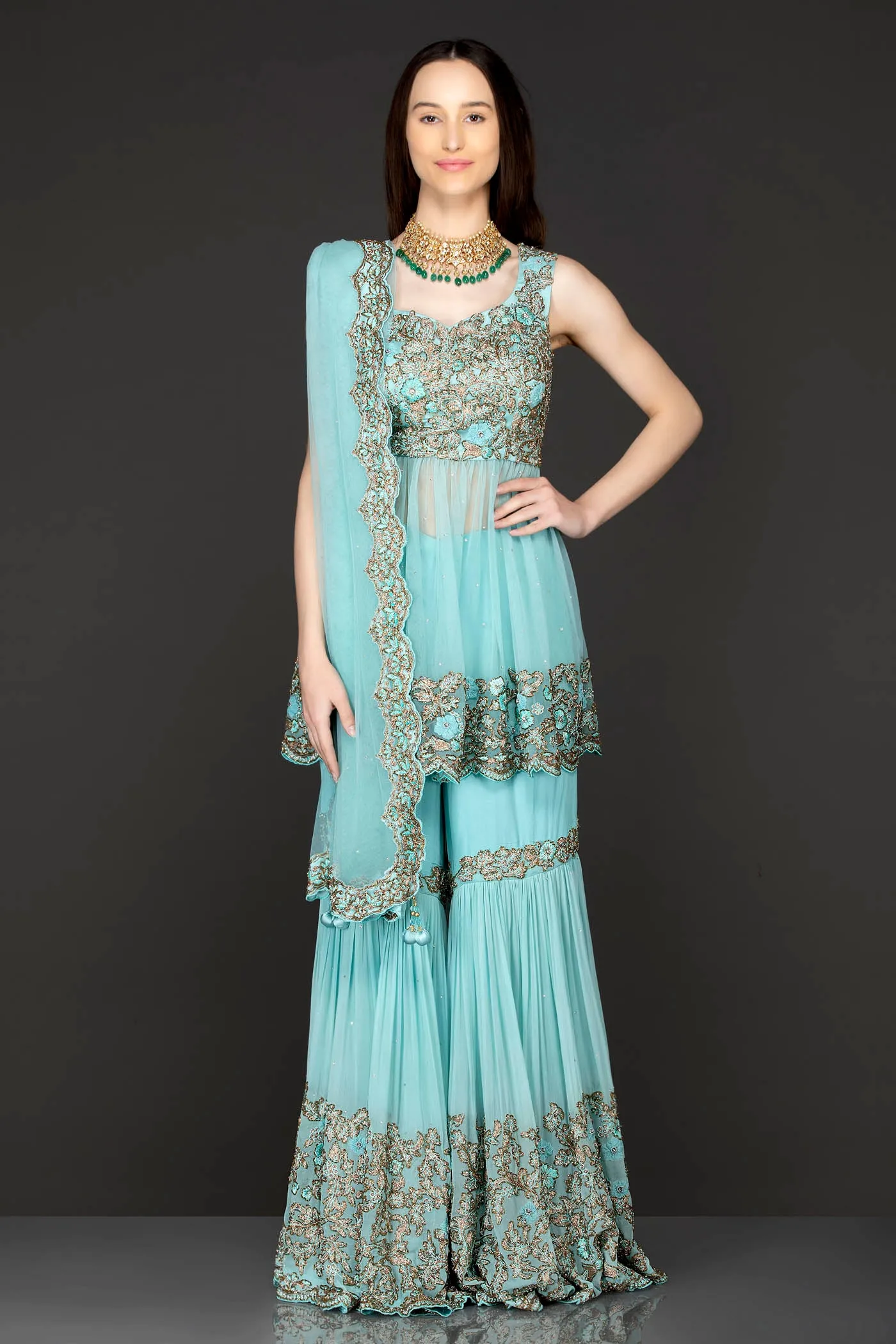 Sky Blue Peplum Net Top With Georgette Sharara And Net Dupatta