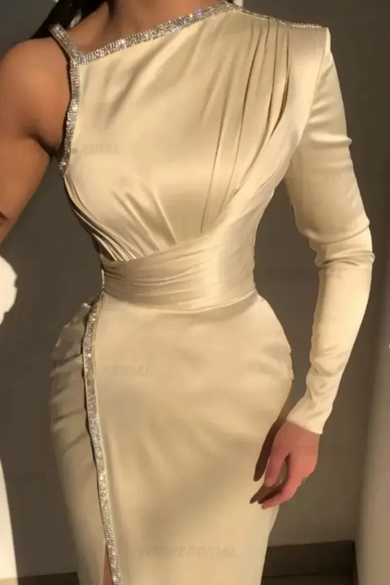 White Beaded Evening Dresses Satin Mermaid One-Shoulder Side Slit Floor-Length Elegant Party Dresses For Women 070544704